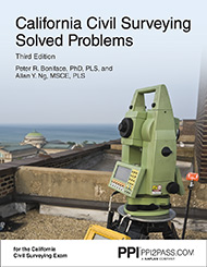 PE Civil California Surveying Solved Problems Book Cover